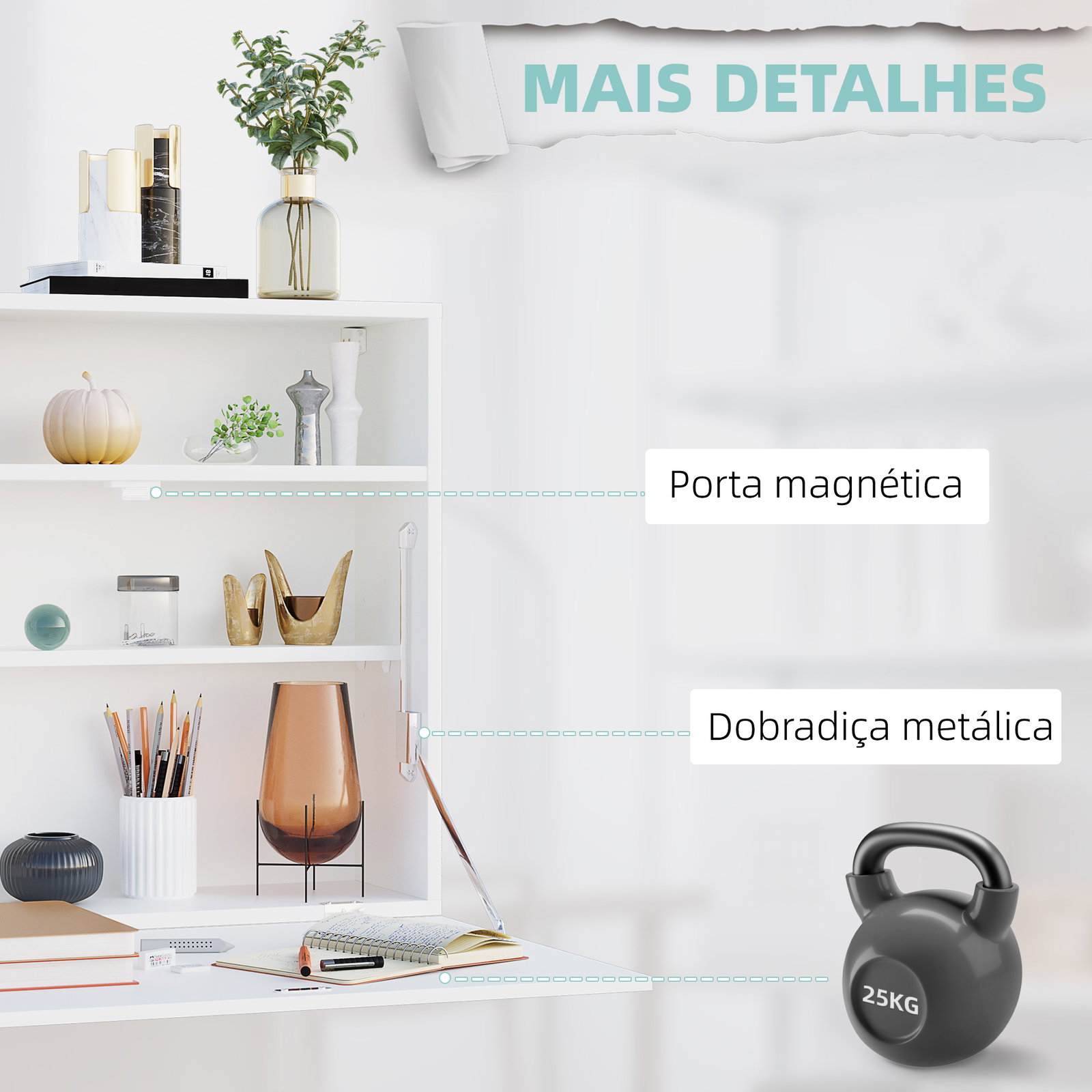 Secretária de parede moderna dobrável multifuncional com prateleiras de armazenamento carga 40 kg 64x20x60 cm branco