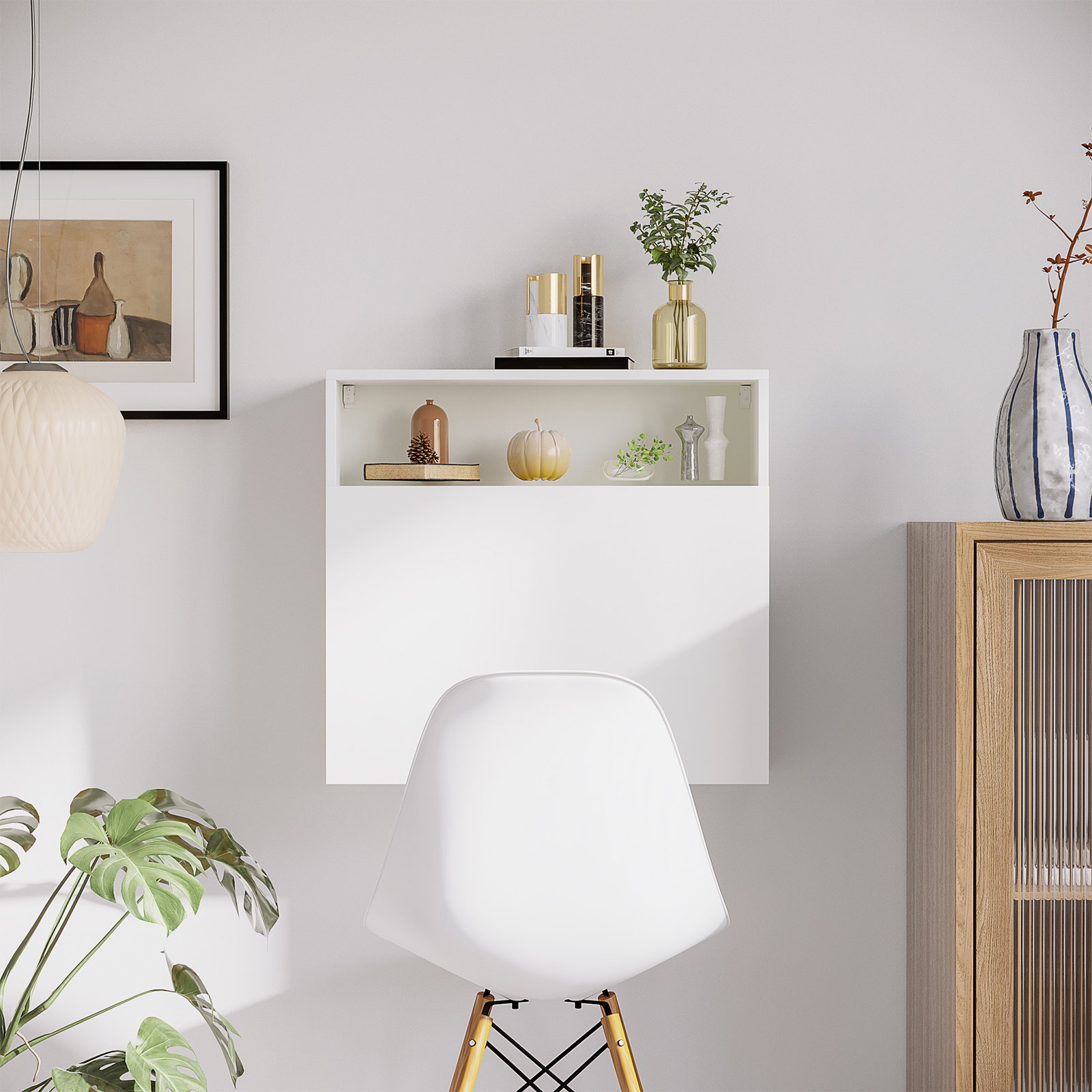 Secretária de parede moderna dobrável multifuncional com prateleiras de armazenamento carga 40 kg 64x20x60 cm branco