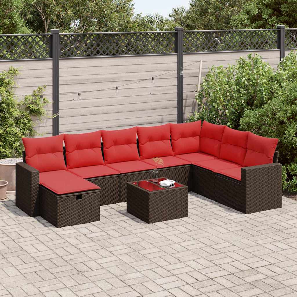 9 Pcs conjunto sofás p/ jardim c/ almofadões vime PE castanho