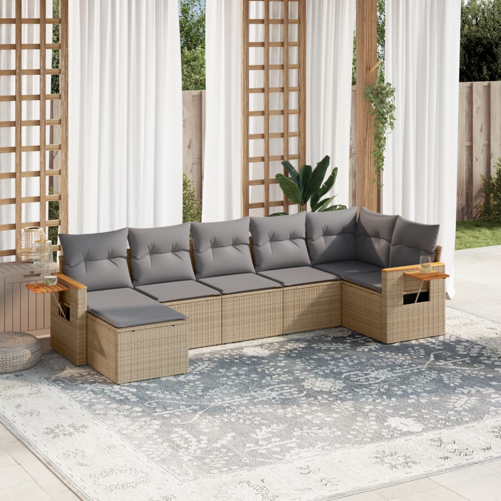 7 Pcs conjunto de sofás p/ jardim com almofadões vime PE bege