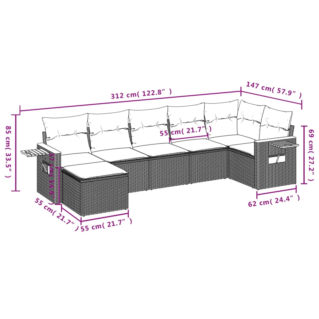 7 Pcs conjunto de sofás p/ jardim com almofadões vime PE bege