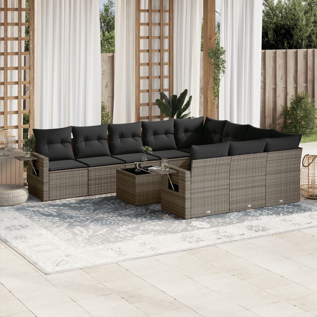 11 Pcs conjunto sofás de jardim c/ almofadões vime PE cinzento