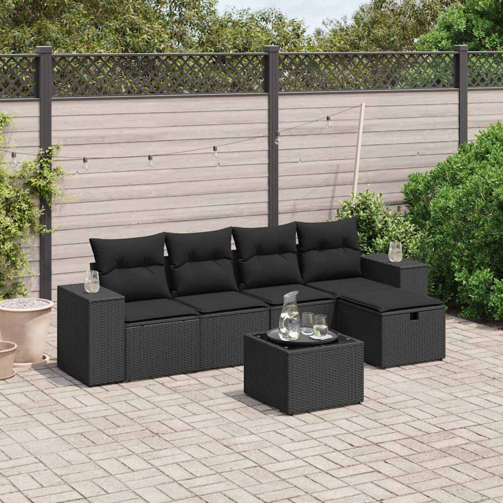 6 Pcs conjunto sofás de jardim c/ almofadões vime PE preto