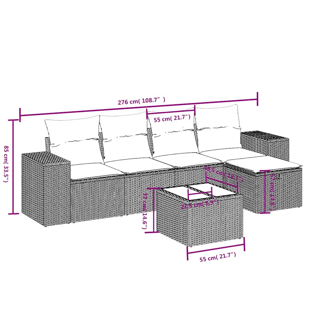 6 Pcs conjunto sofás de jardim c/ almofadões vime PE preto