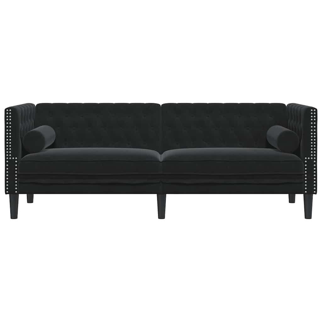Sofá chesterfield com rolos 3 lugares veludo preto