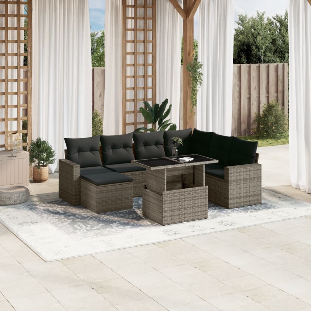 8 Pcs conjunto sofás de jardim c/ almofadões vime PE cinzento
