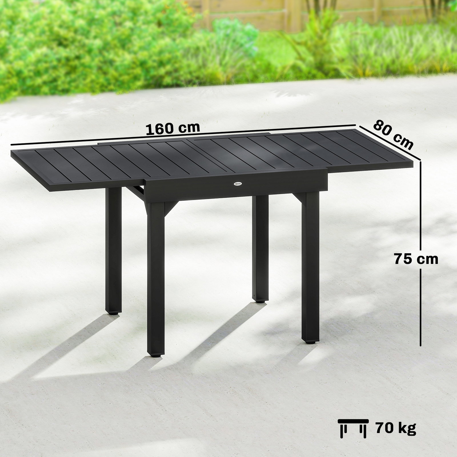 Mesa de jantar exterior extensível 80-160 cm - mesa de jardim retangular para 4-6 pessoas, terraço, preto