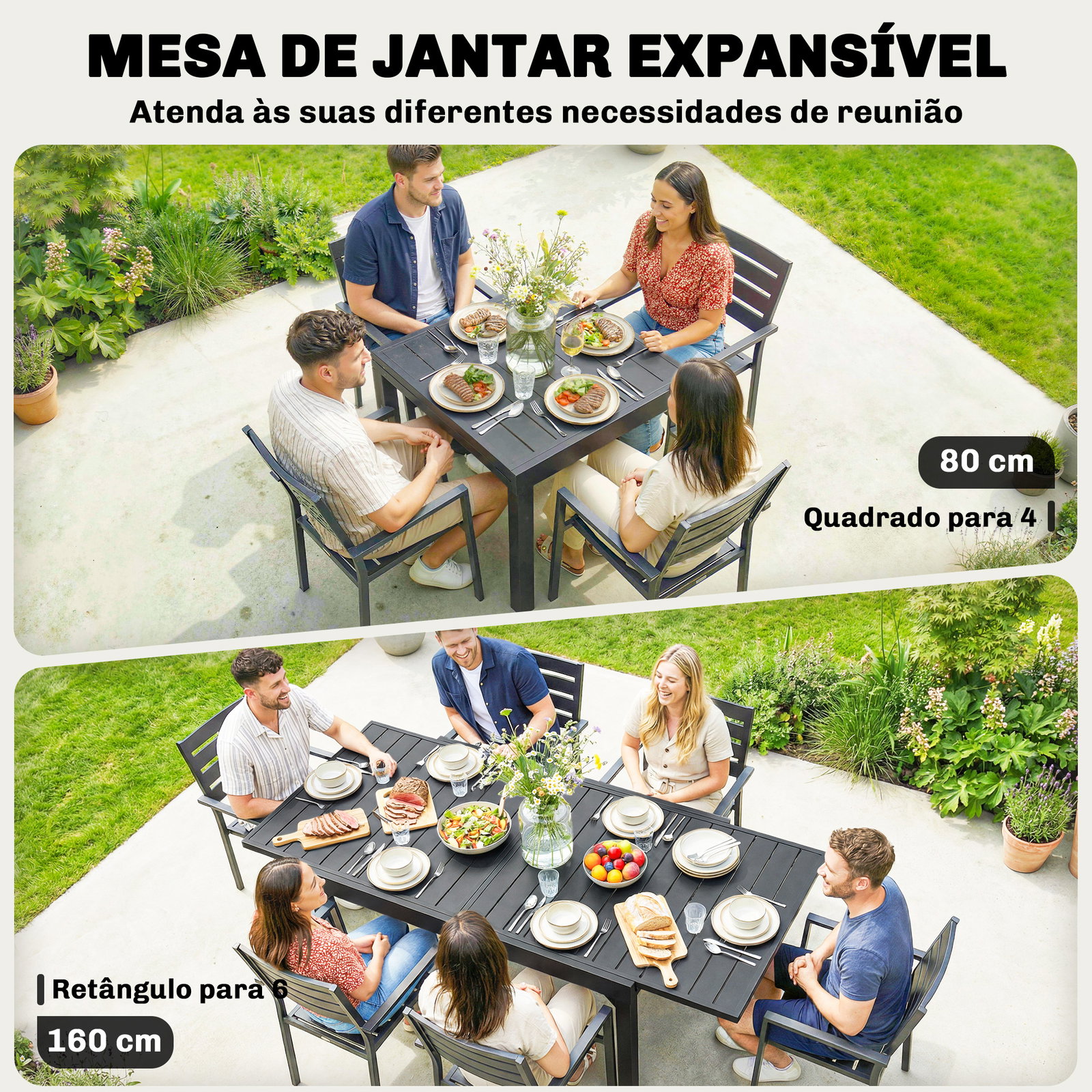 Mesa de jantar exterior extensível 80-160 cm - mesa de jardim retangular para 4-6 pessoas, terraço, preto