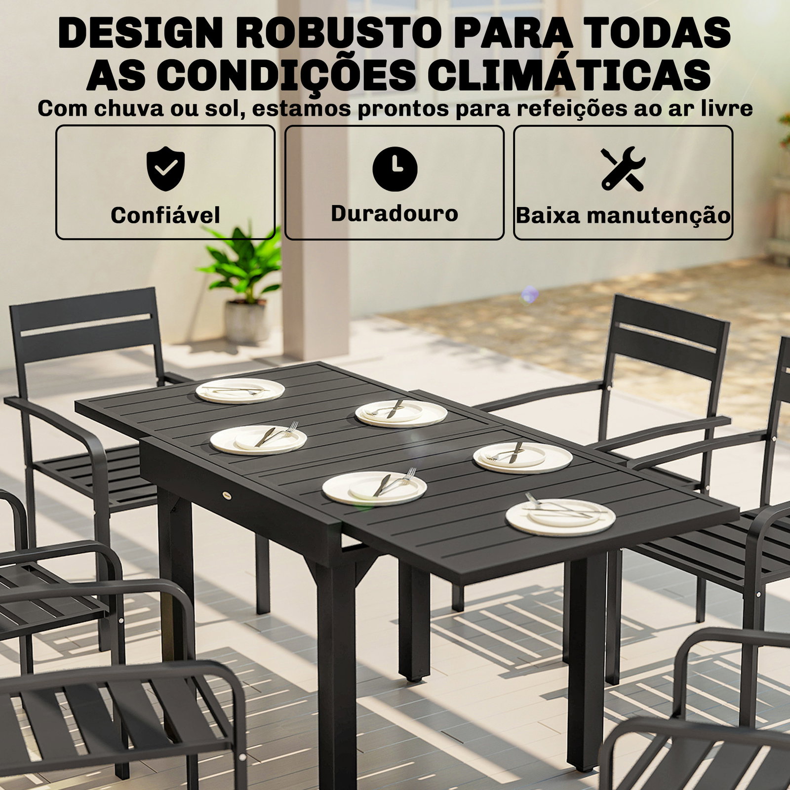 Mesa de jantar exterior extensível 80-160 cm - mesa de jardim retangular para 4-6 pessoas, terraço, preto