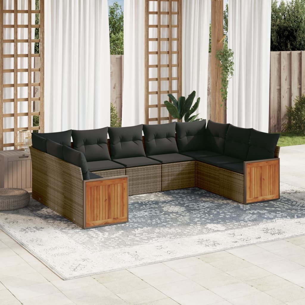 9 Pcs conjunto sofás p/ jardim com almofadões vime PE cinzento