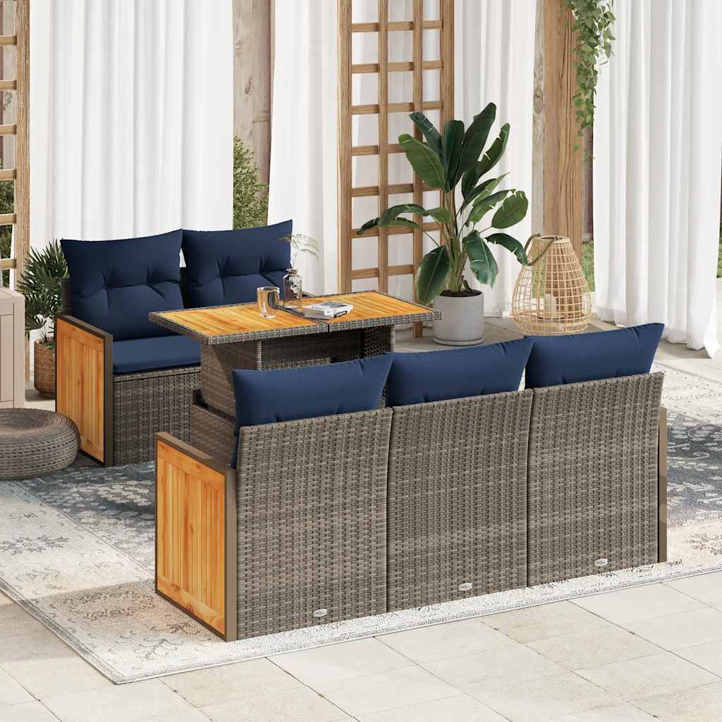 6 Pcs conjunto sofás jardim com almofadões PE/acácia cinzento