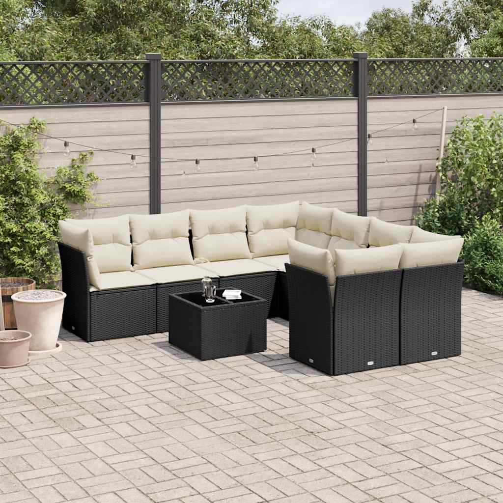 9 Pcs conjunto de sofás p/ jardim c/ almofadões vime PE preto