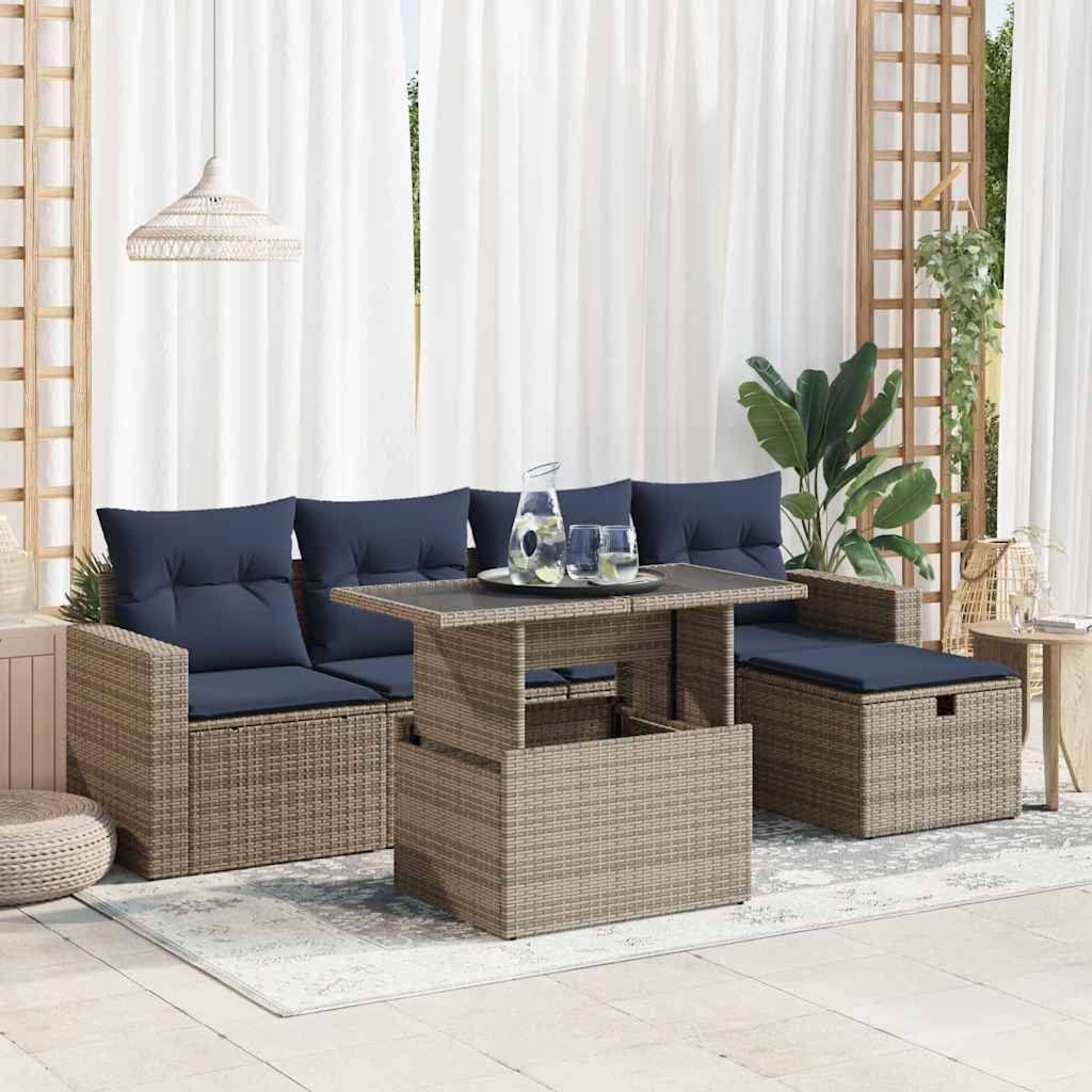6 Pcs conj. sofás jardim c/ almofadões vime PE cinzento