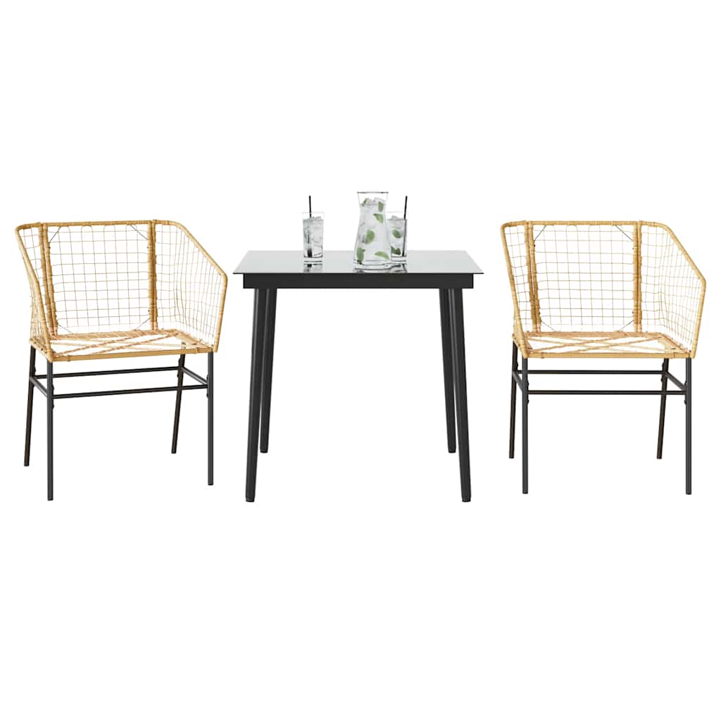 Conjunto jantar jardim 3 peças vidro vime PE castanho