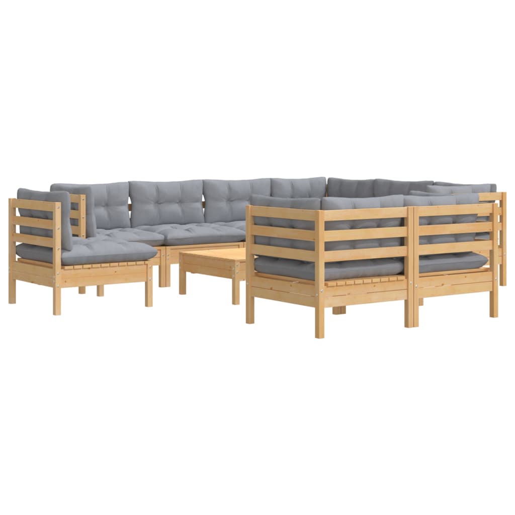 10Pcs conjunto lounge de jardim + almofadões cinza pinho maciço