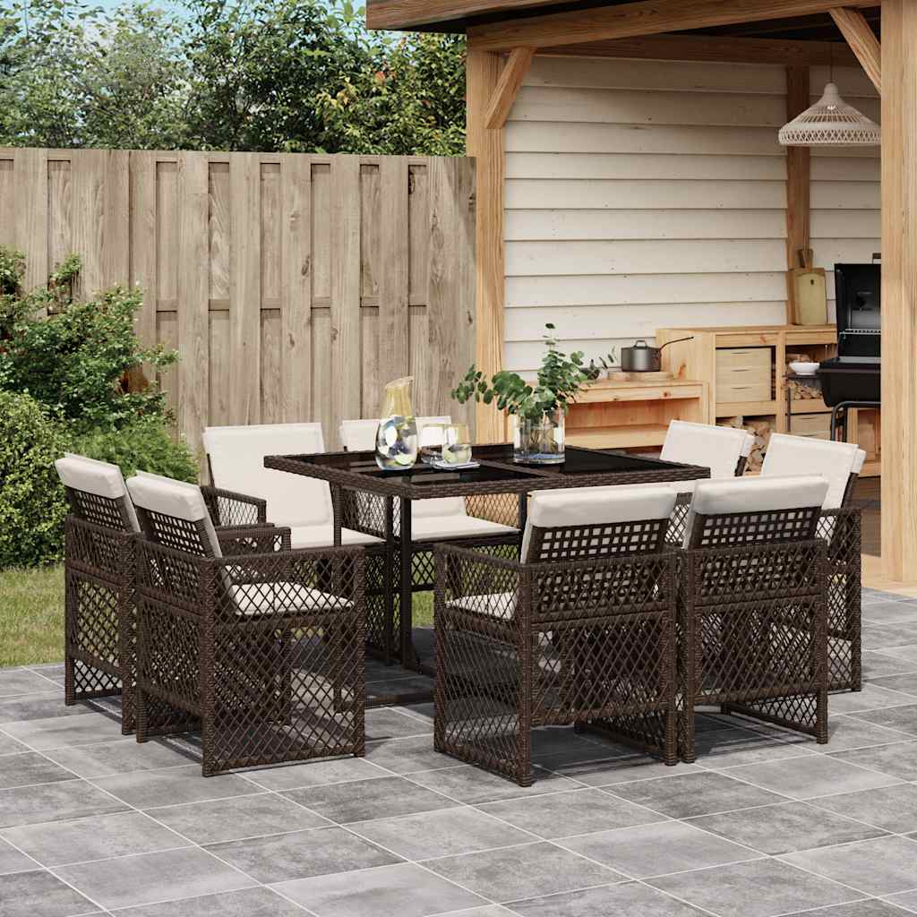 9 Pcs conjunto jantar p/ jardim c/ almofadões vime PE castanho