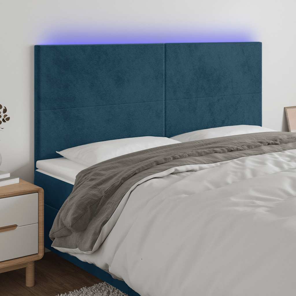 Cabeceira cama c/ luzes LED veludo 200x5x118/128cm azul-escuro