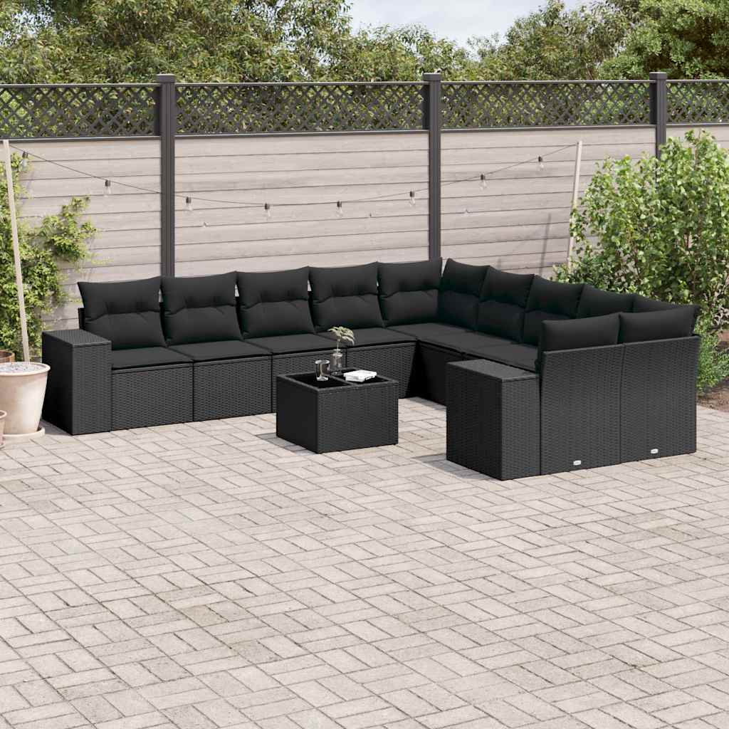 11 Pcs conjunto sofás de jardim c/ almofadões vime PE preto