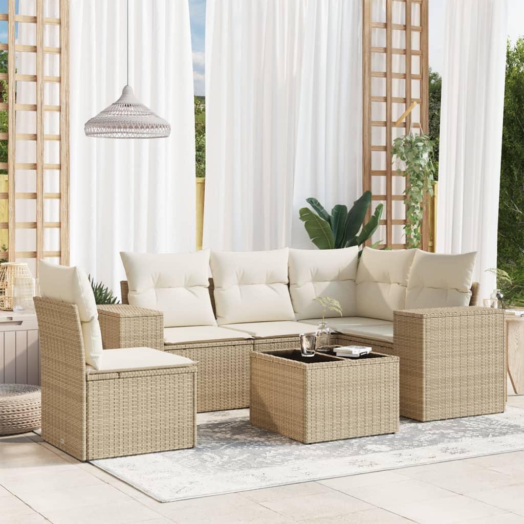 6 Pcs conjunto de sofás p/ jardim com almofadões vime PE bege