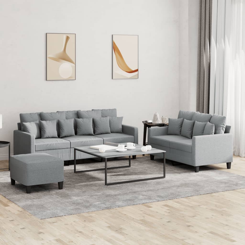 3 Pcs conjunto de sofás com almofadões tecido cinzento-claro