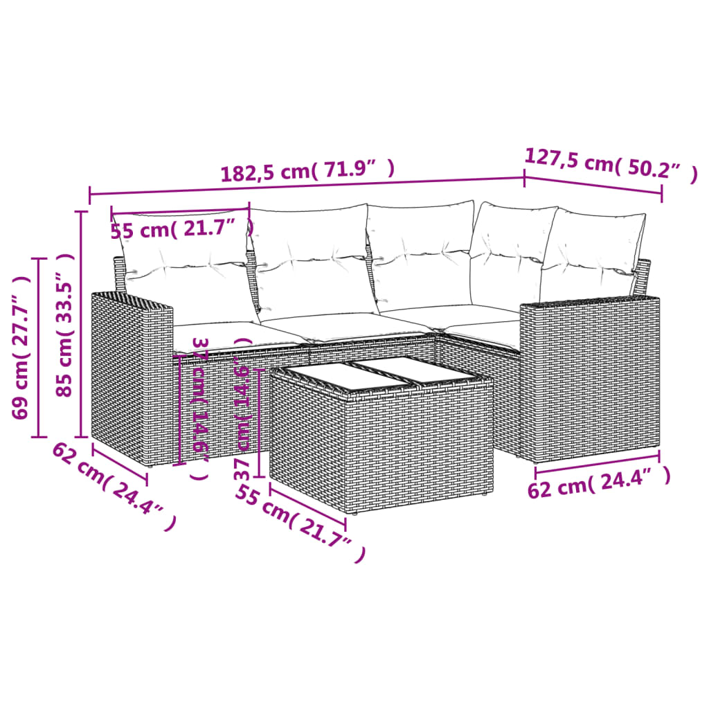 5 Pcs conjunto sofás de jardim c/ almofadões vime PE cinzento
