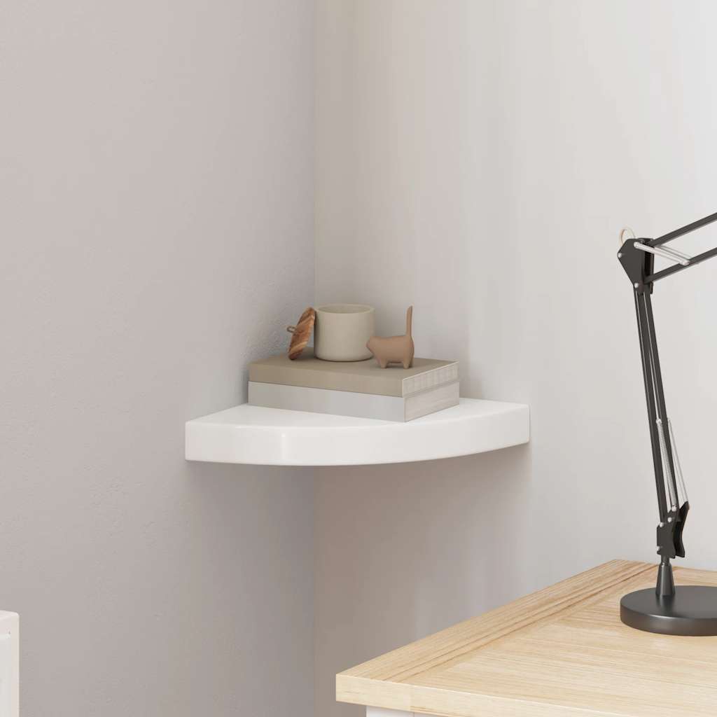 Prateleira de canto flutuante branco brilhante 25x25x3,8 cm MDF