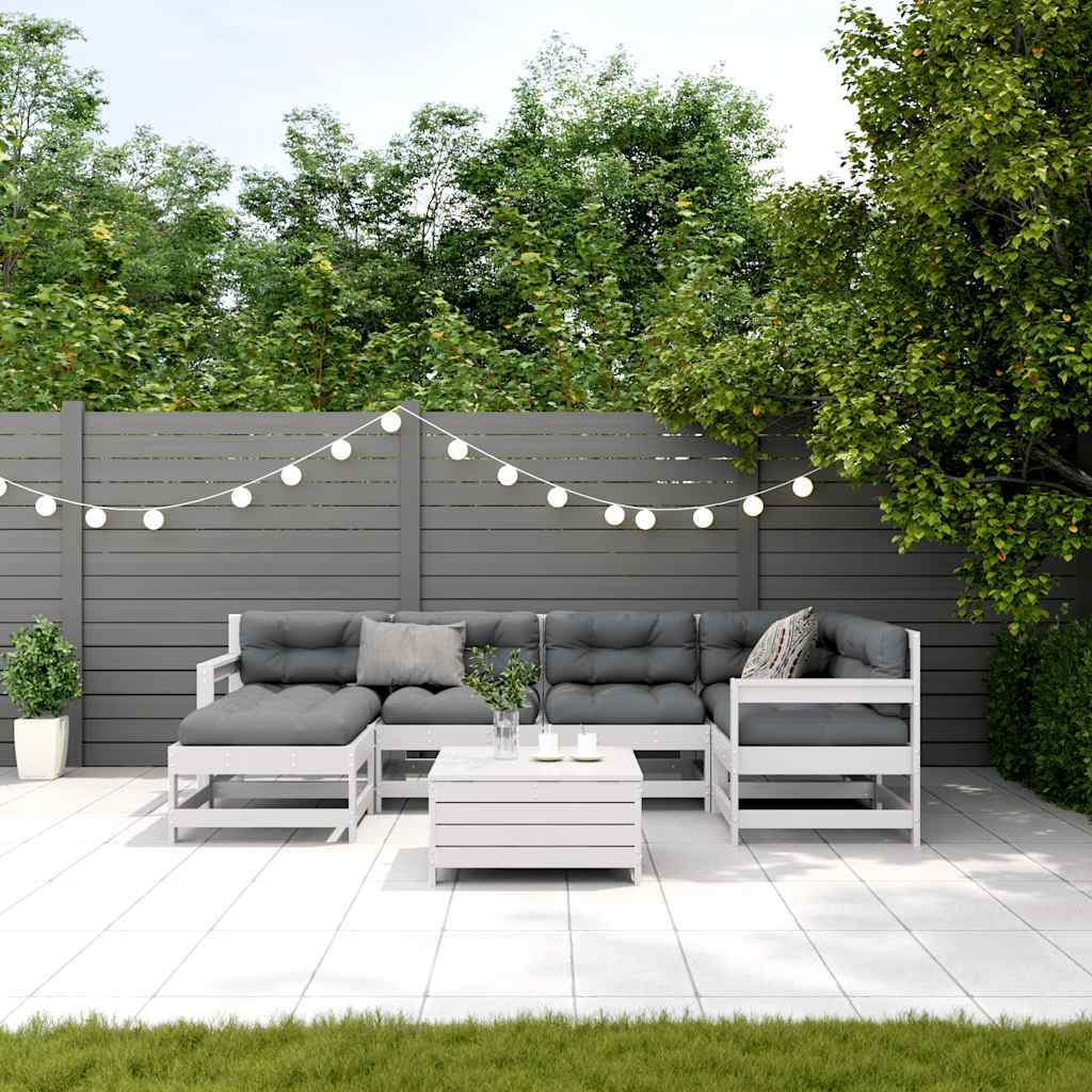 7 Pcs conj. lounge de jardim c/ almofadões pinho maciço branco