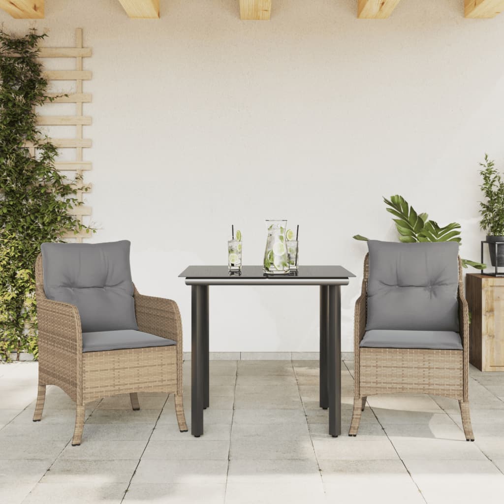3 Pcs conjunto de jantar p/ jardim com almofadões vime PE bege