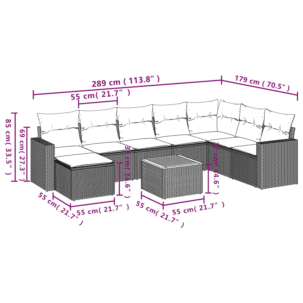 9 Pcs conjunto de sofás p/ jardim c/ almofadões vime PE preto