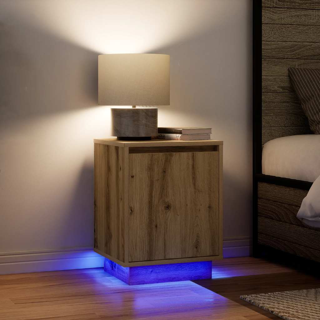 Mesas cabeceira c/ luzes LED 2pcs 38x34x50cm carvalho artesanal