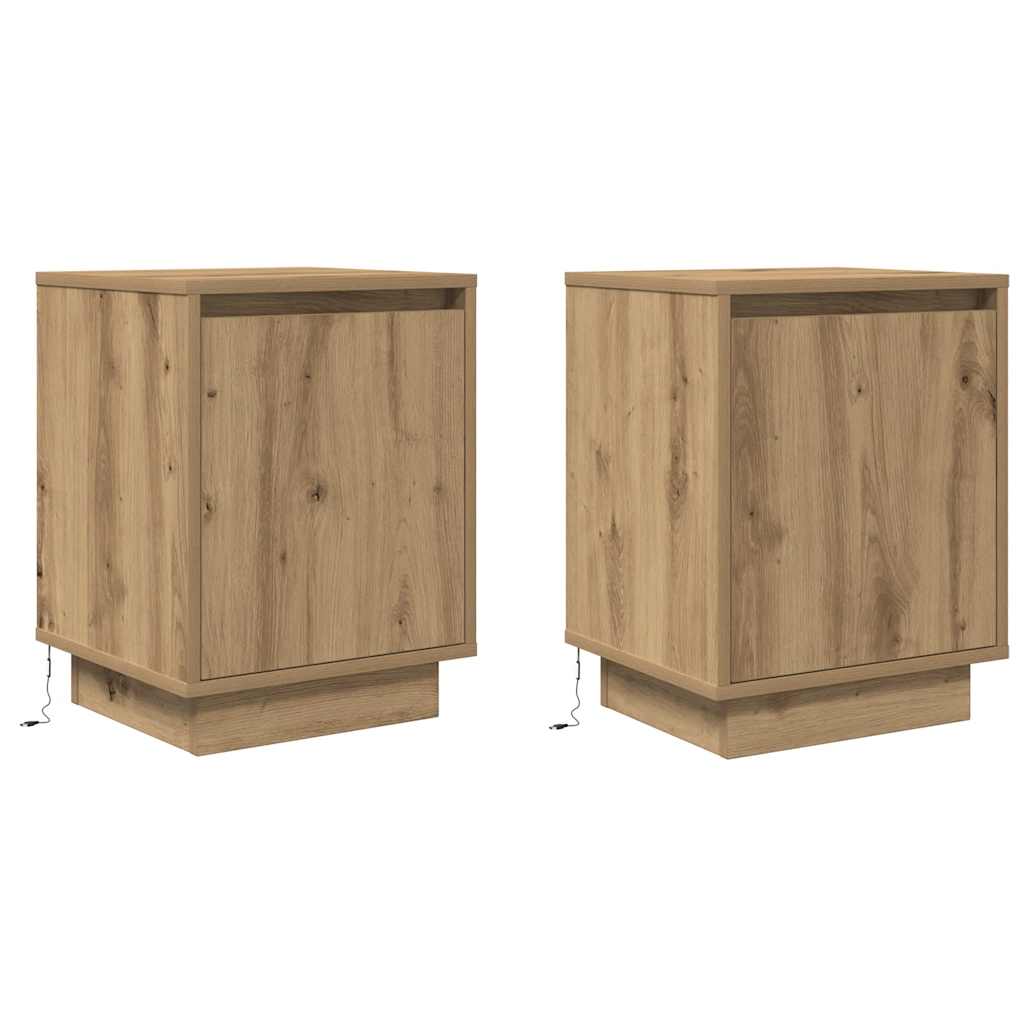 Mesas cabeceira c/ luzes LED 2pcs 38x34x50cm carvalho artesanal