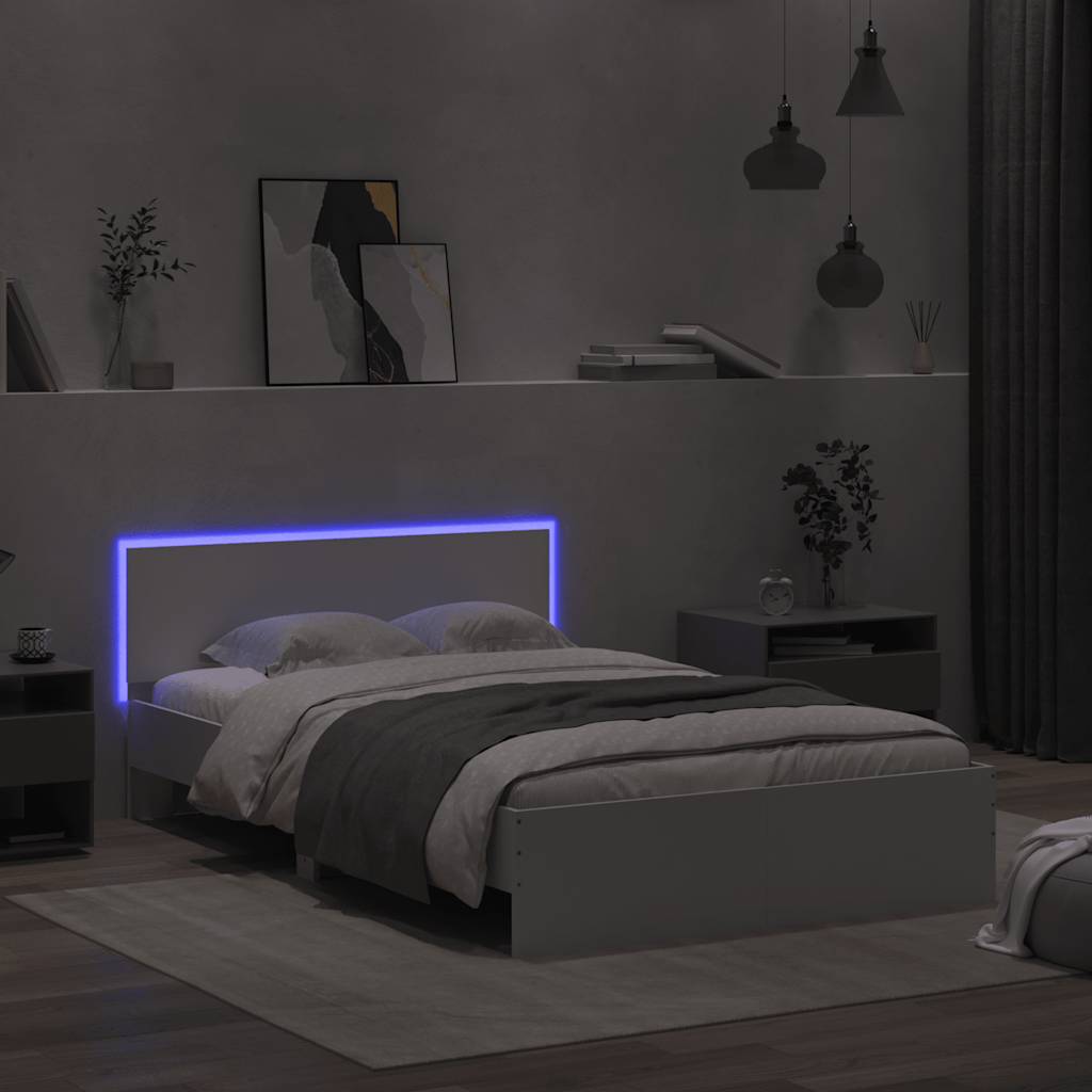 Estrutura de cama com cabeceira e luzes LED 140x190 cm branco