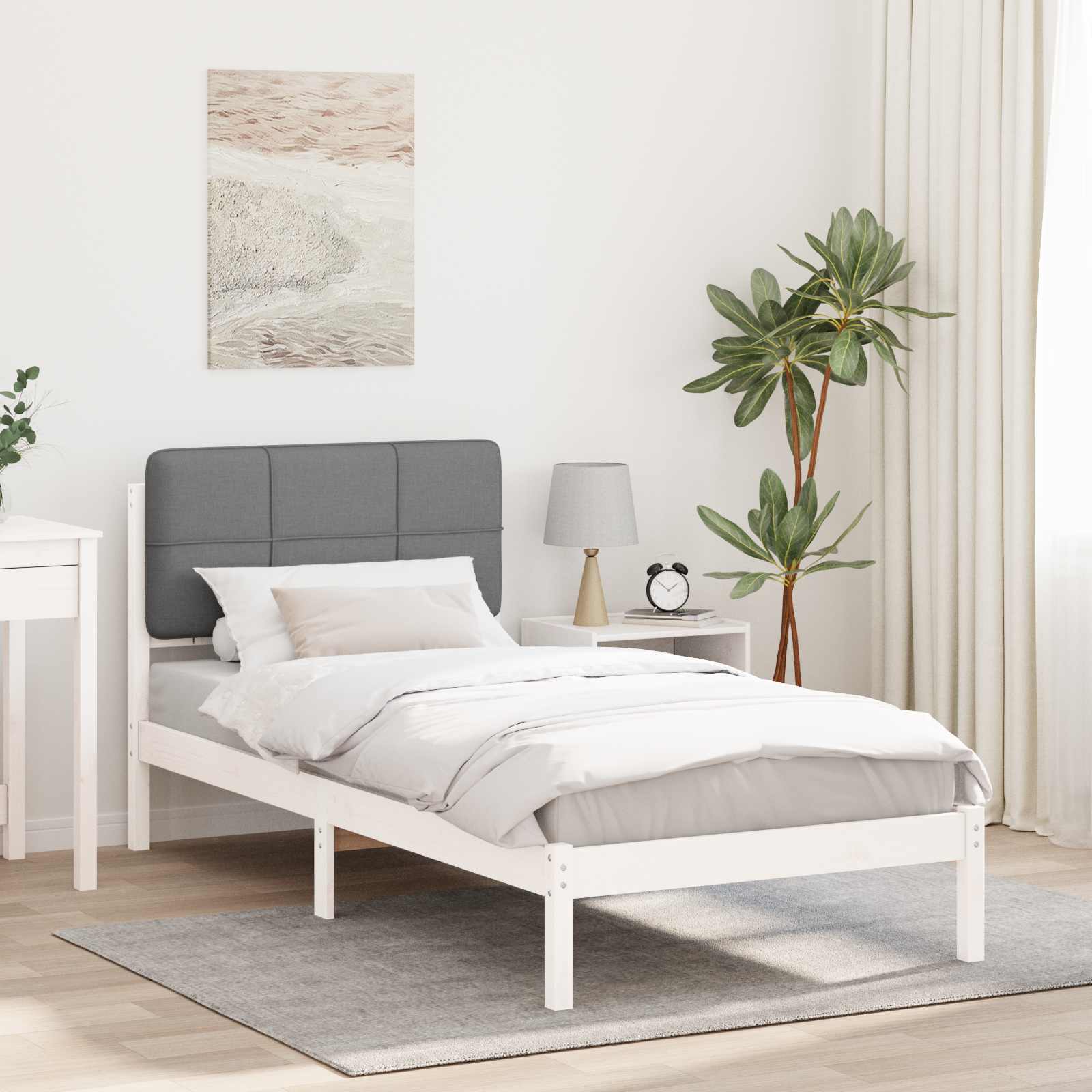 Estrutura de cama com cabeceira estofada cinzento-claro
