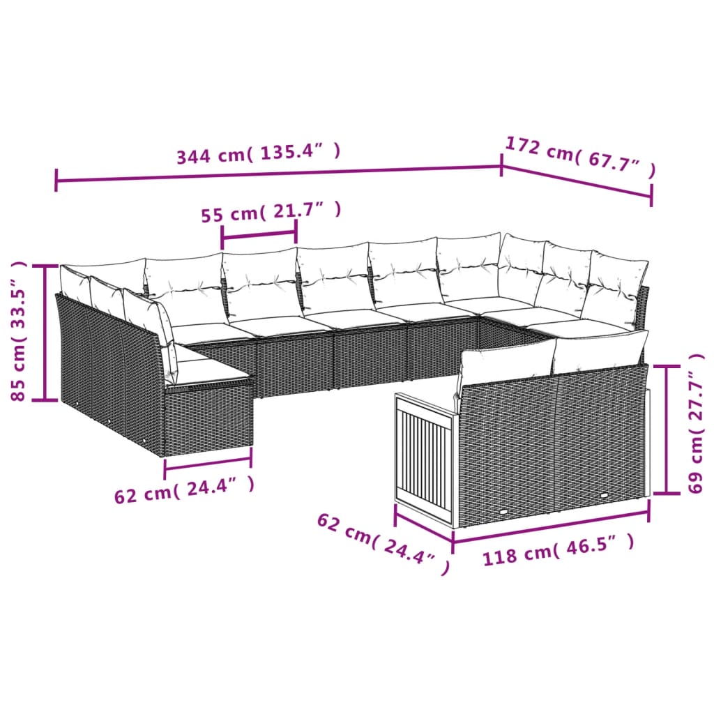 12 Pcs conjunto de sofás p/ jardim com almofadões vime PE bege