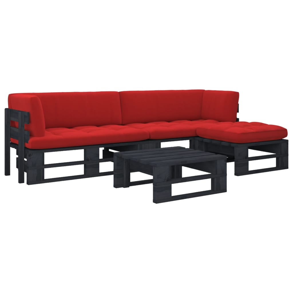 4 Pcs conj. lounge paletes c/ almofadões pinho impregnado preto