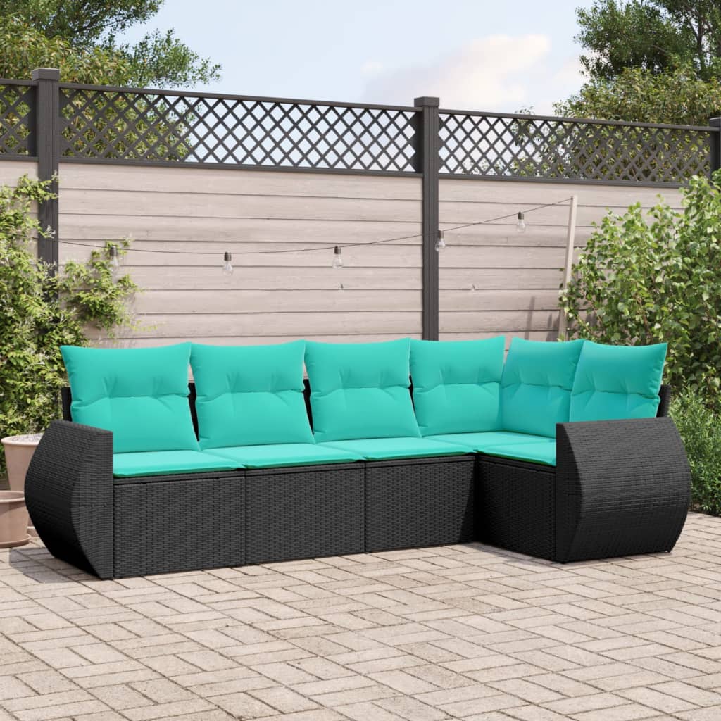 Conjunto de sofá de jardim de 5 peças com almofadas em rattan sintético preto
