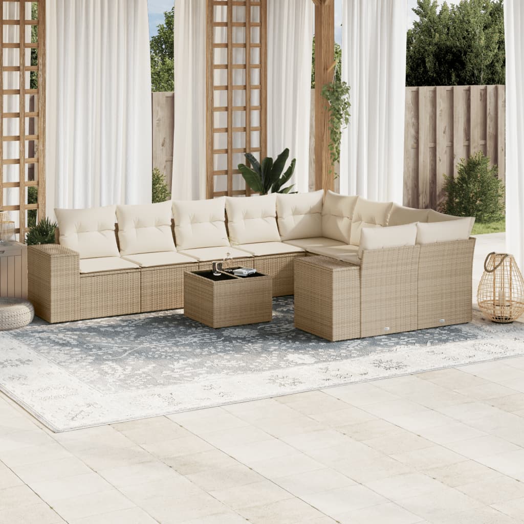 10 Pcs conjunto de sofás p/ jardim com almofadões vime PE bege