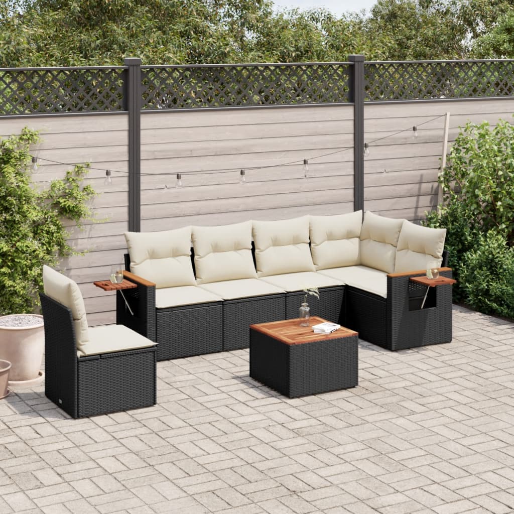 7 Pcs conjunto de sofás p/ jardim c/ almofadões vime PE preto