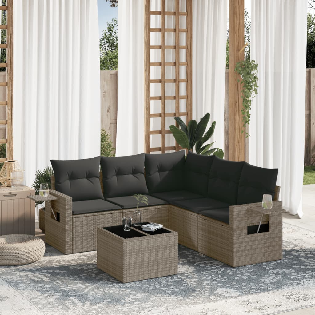 6 Pcs conjunto sofás de jardim com almofadões vime cinzento