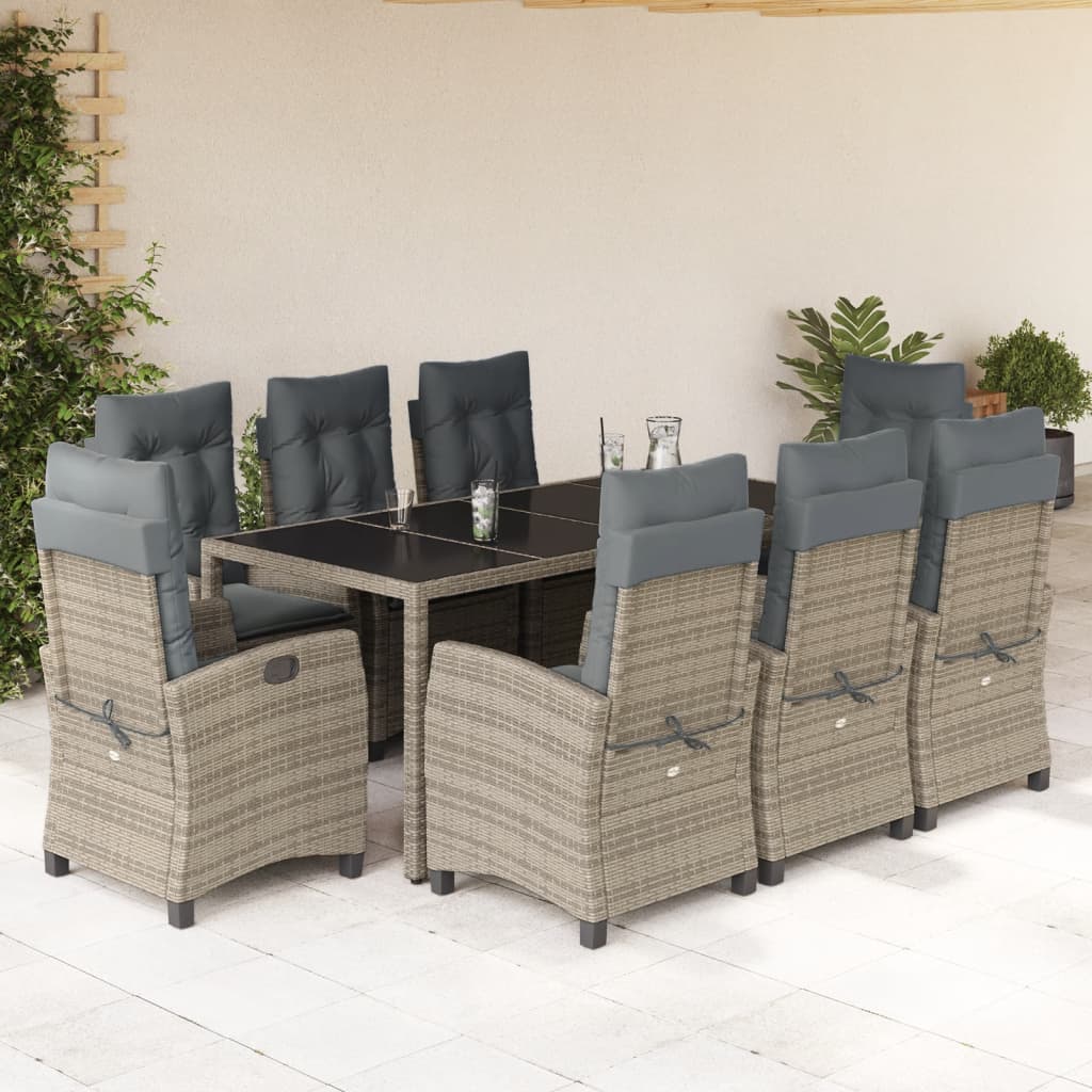 9 Pcs conjunto de jantar p/ jardim c/ almofadões vime PE cinza