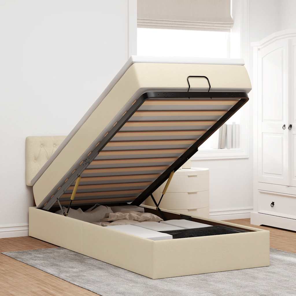 Cama otomana com colchão & leds 90x200 cm tecido creme