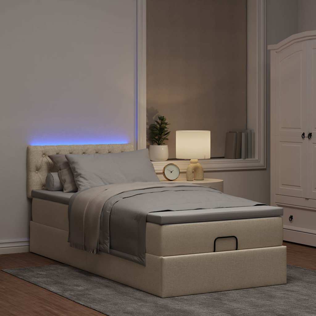 Cama otomana com colchão & leds 90x200 cm tecido creme