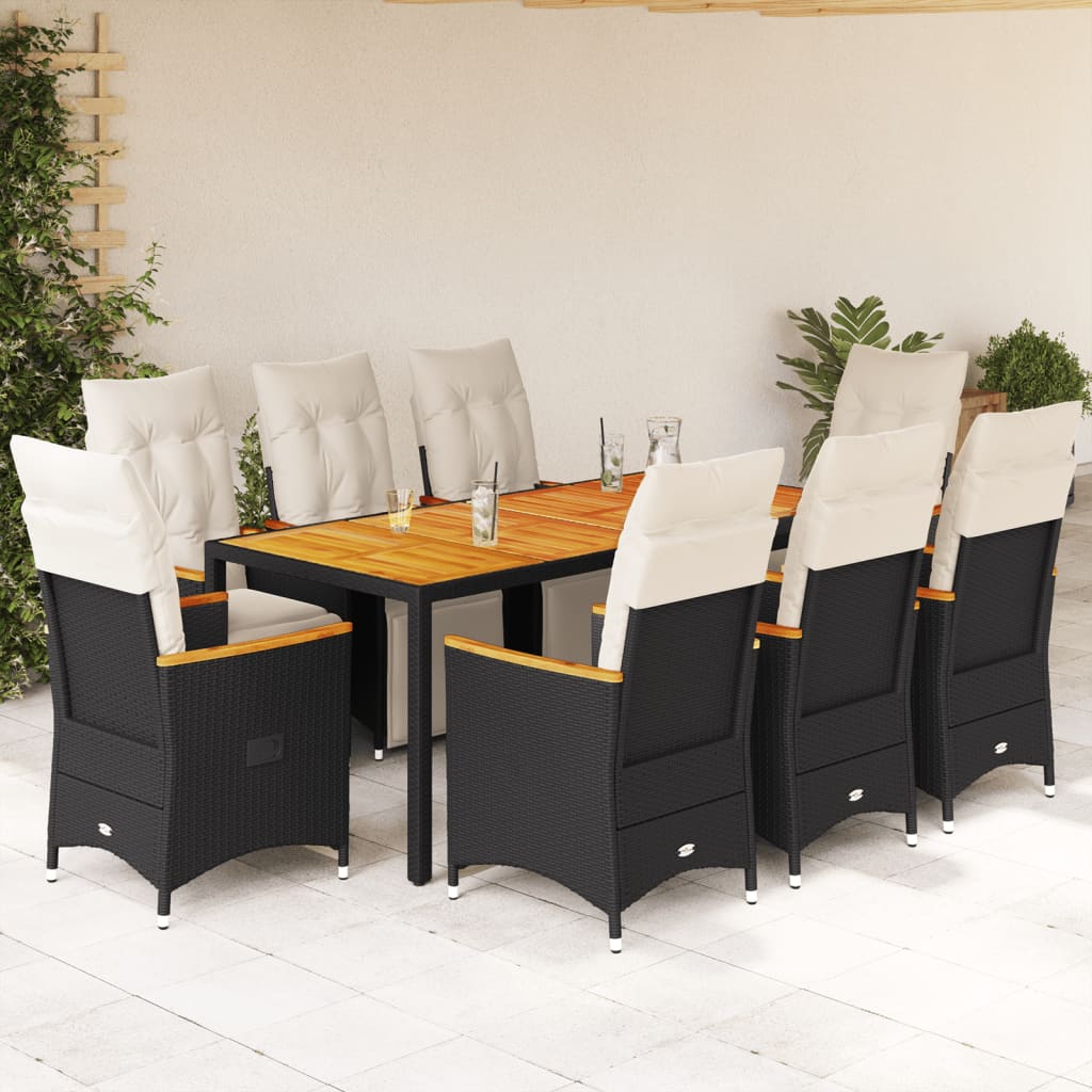 9 Pcs conjunto de bistrô p/ jardim c/ almofadões vime PE preto
