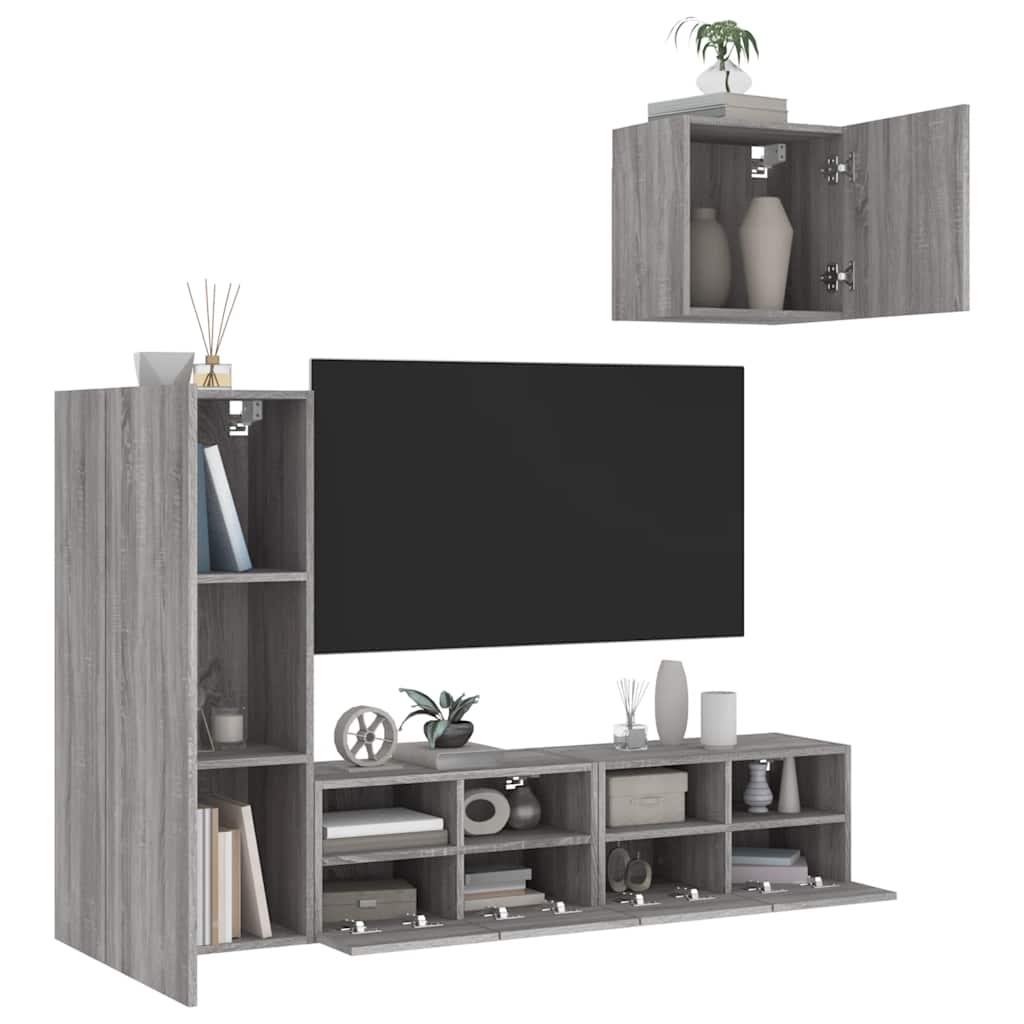4 Pcs móveis de parede p/ TV derivados de madeira cinza sonoma