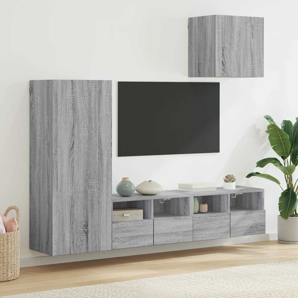 4 Pcs móveis de parede p/ TV derivados de madeira cinza sonoma