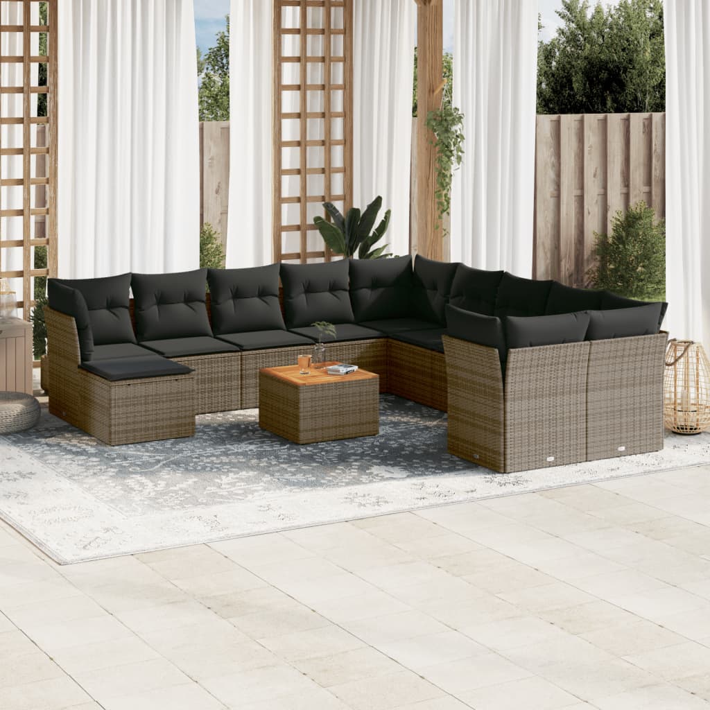 12 Pcs conjunto de sofás jardim c/ almofadões vime PE cinzento