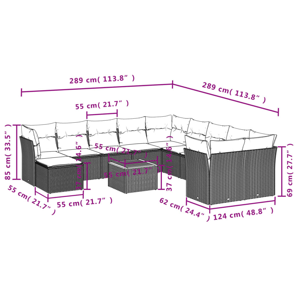 12 Pcs conjunto de sofás jardim c/ almofadões vime PE cinzento