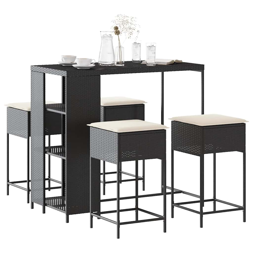 5 Pcs conjunto de bar p/ jardim c/ almofadões vime PE preto