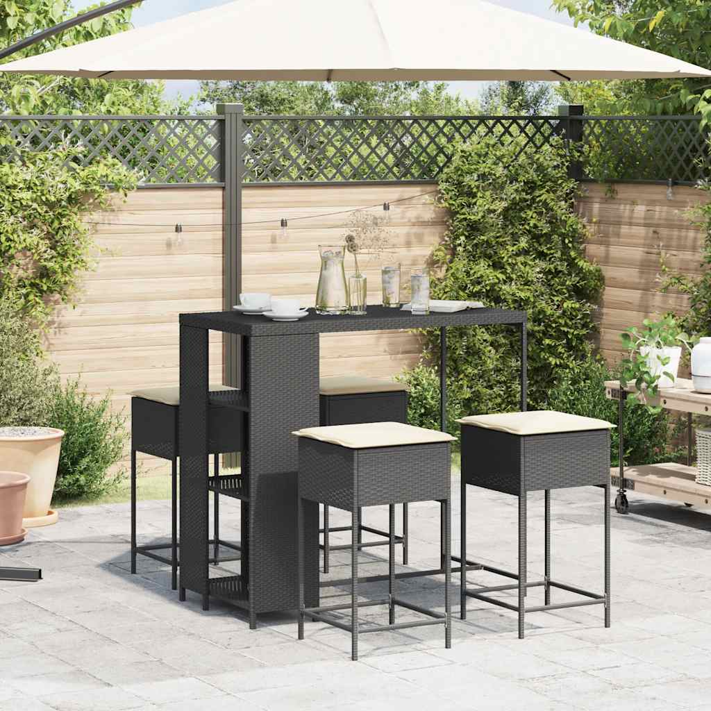 5 Pcs conjunto de bar p/ jardim c/ almofadões vime PE preto