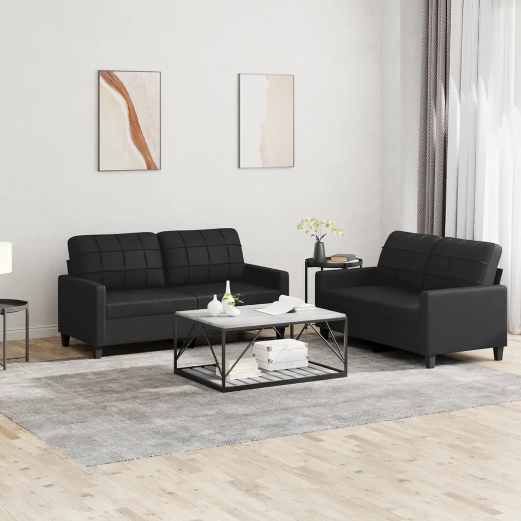 2 Pcs conjunto de sofás com almofadões couro artificial preto